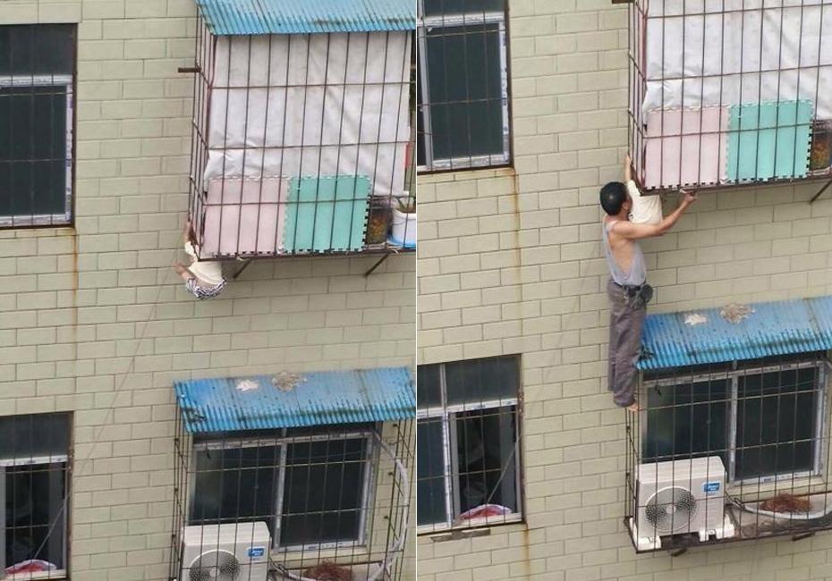 Man saved baby stuck in  window rails on fourth floor