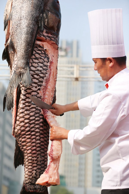 Dish made of 80.6 kg fish treats visitors to food festival in Zhengzhou