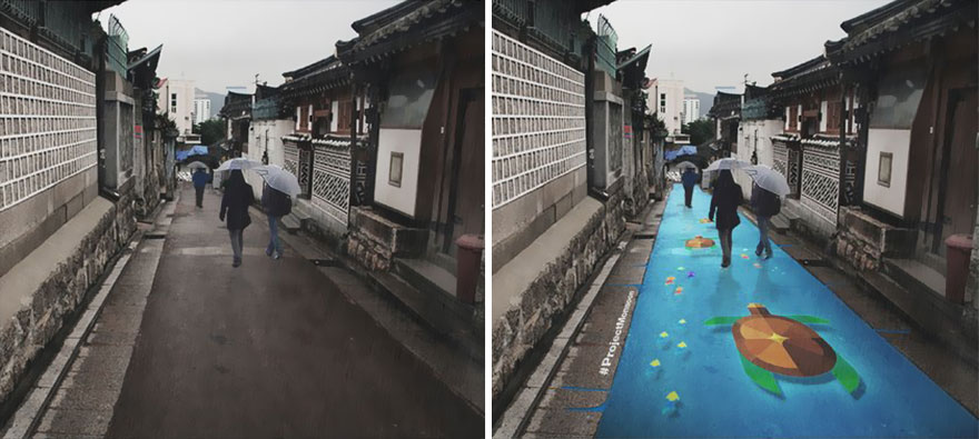 Magical ground graffiti appears only when it rains in Seoul