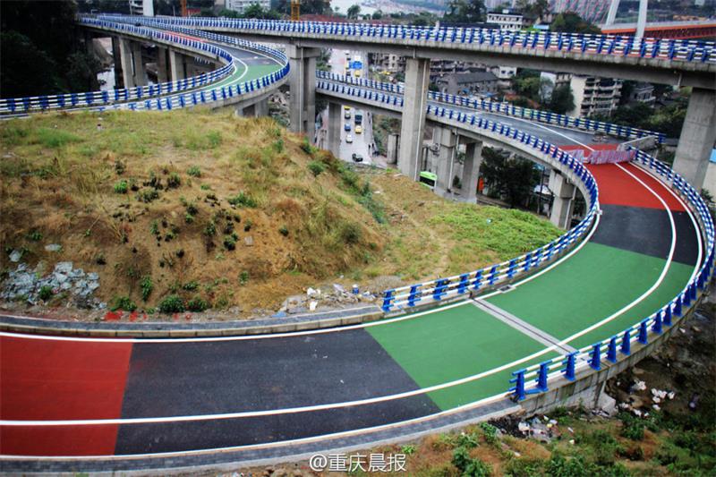 Overpass with multi-colored pavement under construction