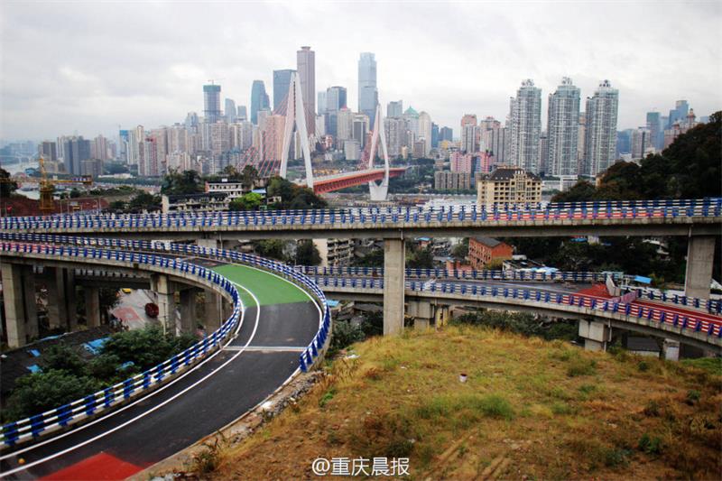 Overpass with multi-colored pavement under construction