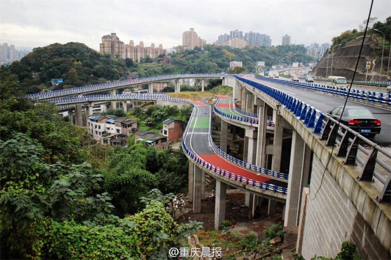 Overpass with multi-colored pavement under construction