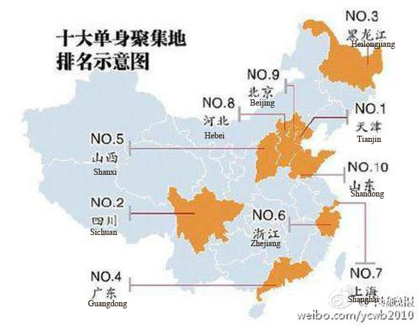 Map of China's top ten gathering places for singles an internet hit