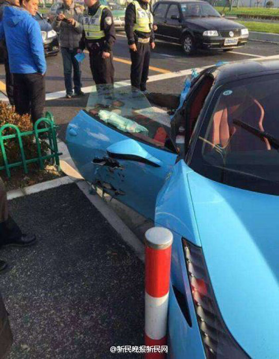 A Ferrari 458 severely damaged in serial collisions