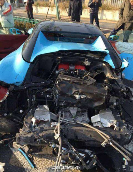 A Ferrari 458 severely damaged in serial collisions