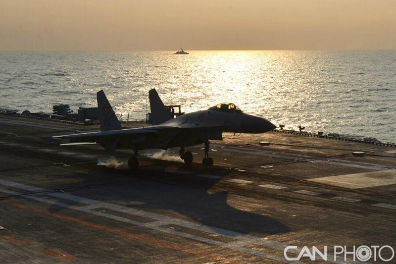 J-15 carrier-based aircraft has landing exercises