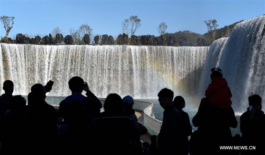 Park featuring 400m-wide manmade waterfall opens in Kunming