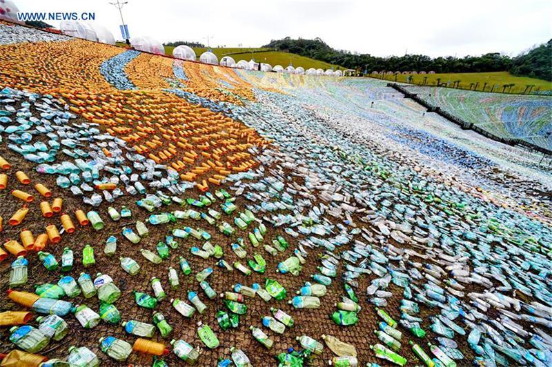 Plastic-bottles-made Mosaic Displayed in S.E. China