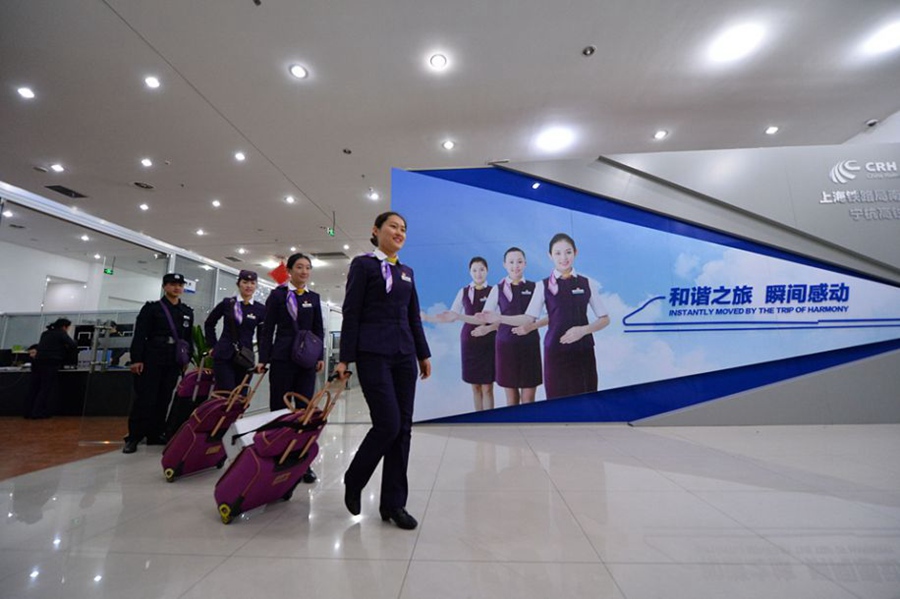 Bullet train stewardesses during Spring Festival travel rush