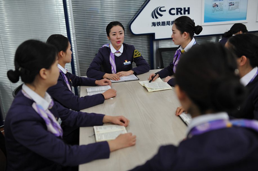 Bullet train stewardesses during Spring Festival travel rush