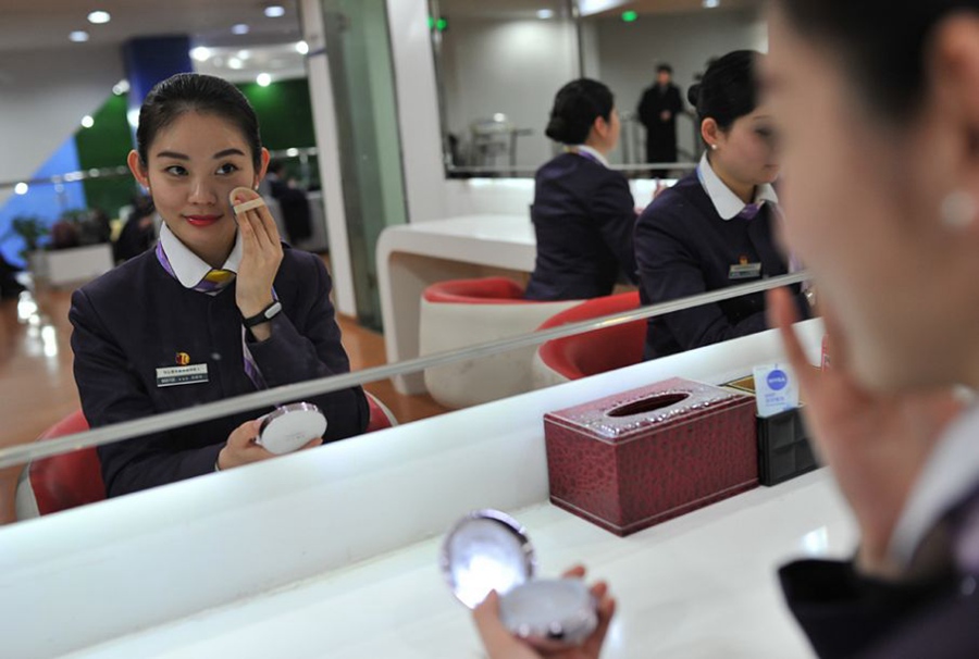 Bullet train stewardesses during Spring Festival travel rush