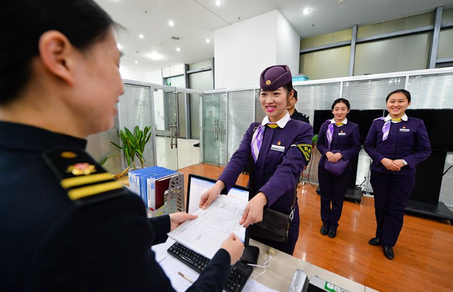 Bullet train stewardesses during Spring Festival travel rush