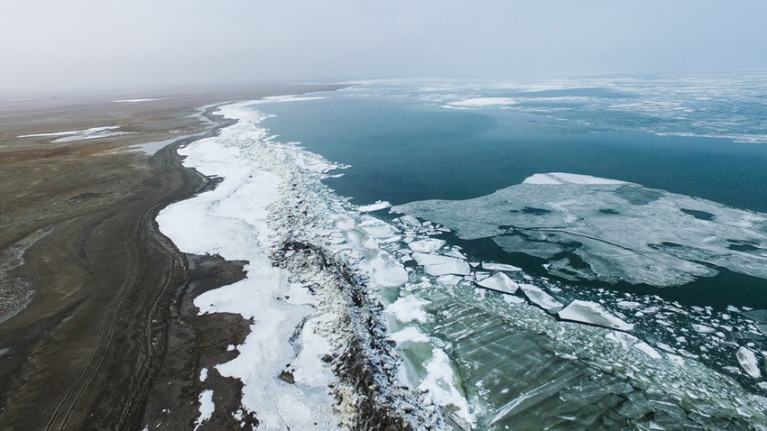 Aerial view of ice floating on Qinghai Lake