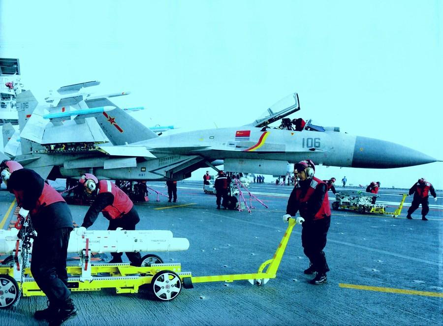 J-15 fighters in drill on Chinese aircraft carrier