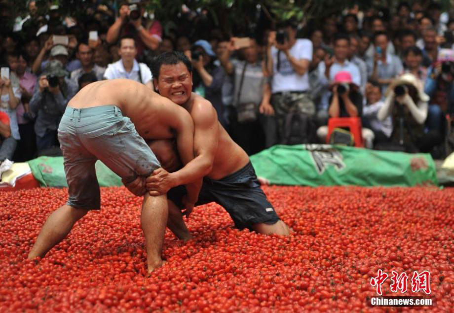 Zhuang people wrestle in pool of cherry tomatoes