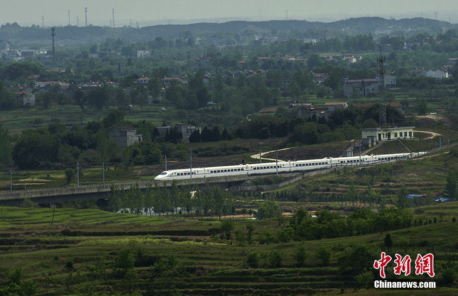 What a beautiful view! Bullet train running through fields