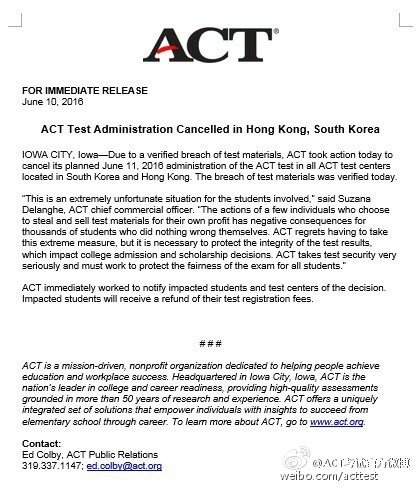 ACT exams canceled in South Korea, Hong Kong after materials leak