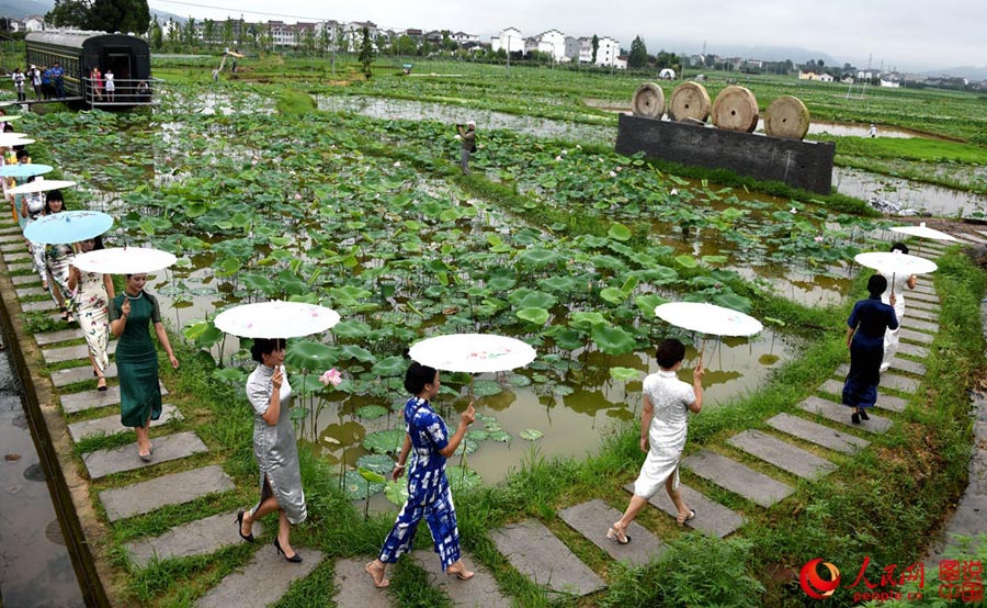 Cheongsam show held in lotus park in Zhejiang