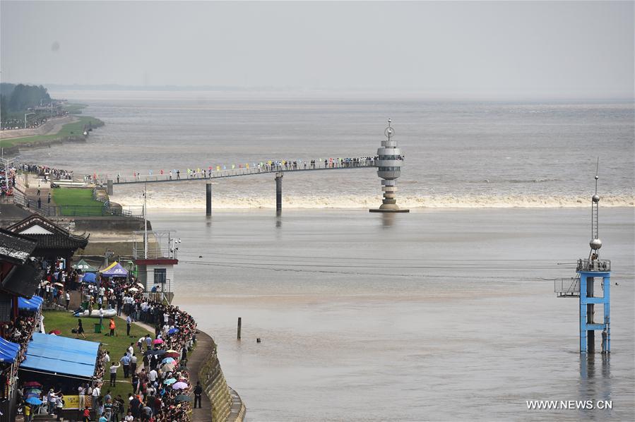 A tidal bore of the Qiantang River arrives in the town at its most heyday on Sept. 18. 