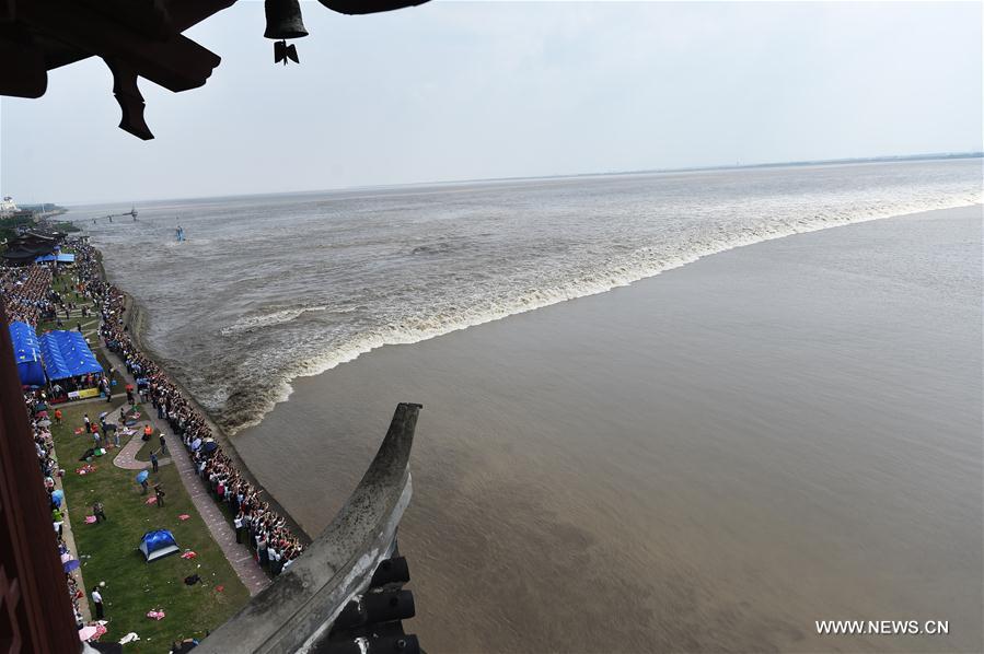 A tidal bore of the Qiantang River arrives in the town at its most heyday on Sept. 18. 