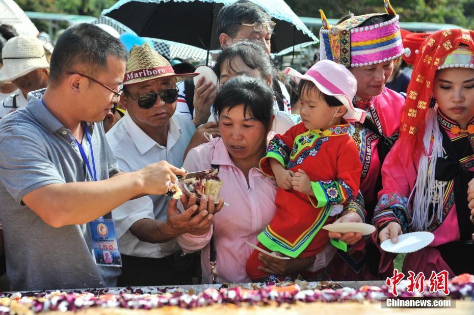 Tourists enjoy gigantic flower cake in Kunming