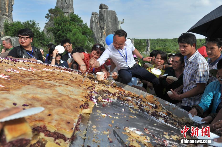 Tourists enjoy gigantic flower cake in Kunming