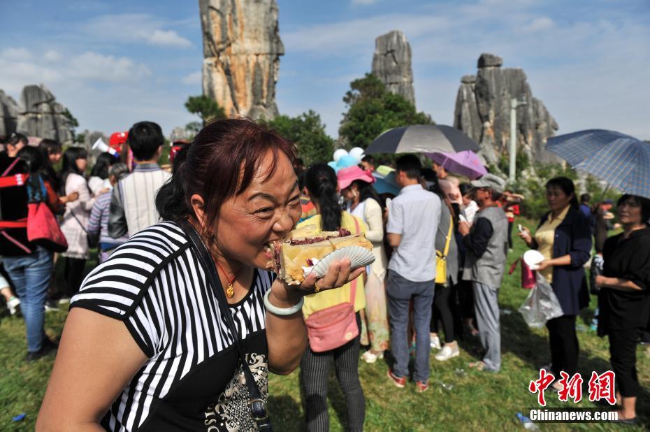 Tourists enjoy gigantic flower cake in Kunming