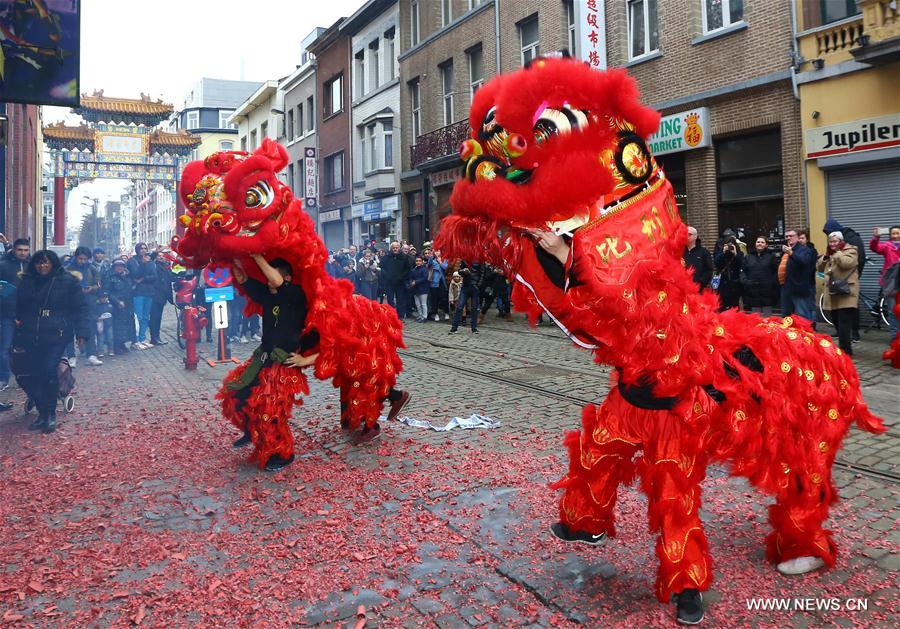 Lion dance performed in Belgium to mark Chinese Lunar New Year