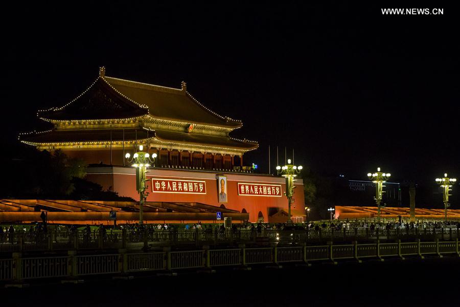 Photo taken on May 10, 2017 shows the night view of the Tian'anmen Rostrum in downtown Beijing, capital of China, May 10, 2017. Landscape lighting will illuminate Beijing in the evening from May 12 to 17 as in major festivals to greet the Belt and Road Forum for International Cooperation on May 14-15. (Xinhua/Shen Bohan)