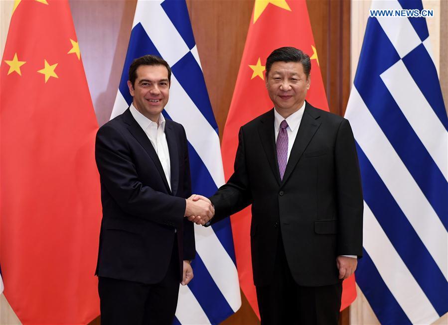 Chinese President Xi Jinping (R) meets with Greek Prime Minister Alexis Tsipras, who is here to attend the Belt and Road Forum (BRF) for International Cooperation, in Beijing, capital of China, May 13, 2017. (Xinhua/Rao Aimin)