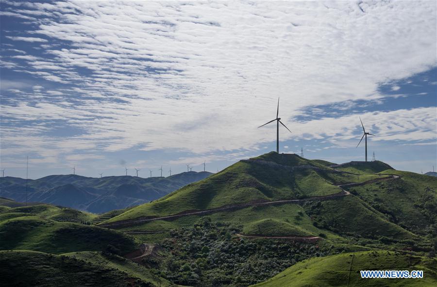 Wind power farms seen on Nanshan Mountain in China's Guangxi