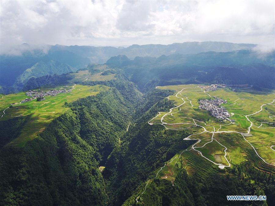 Bird's-eye view of farmland and villages in SW China's Guizhou