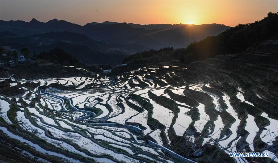 Bird's-eye view of terraced fields on Wuyun mountain in C China