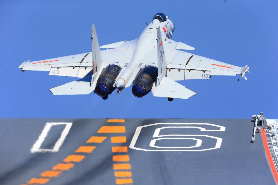 Ship-borne fighter jets take off from aircraft carrier Liaoning