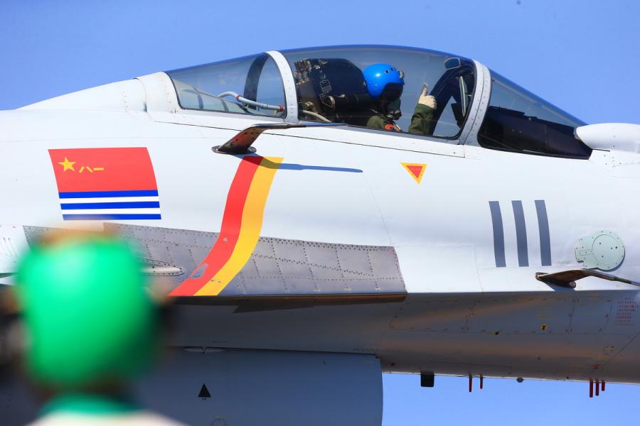 Ship-borne fighter jets take off from aircraft carrier Liaoning