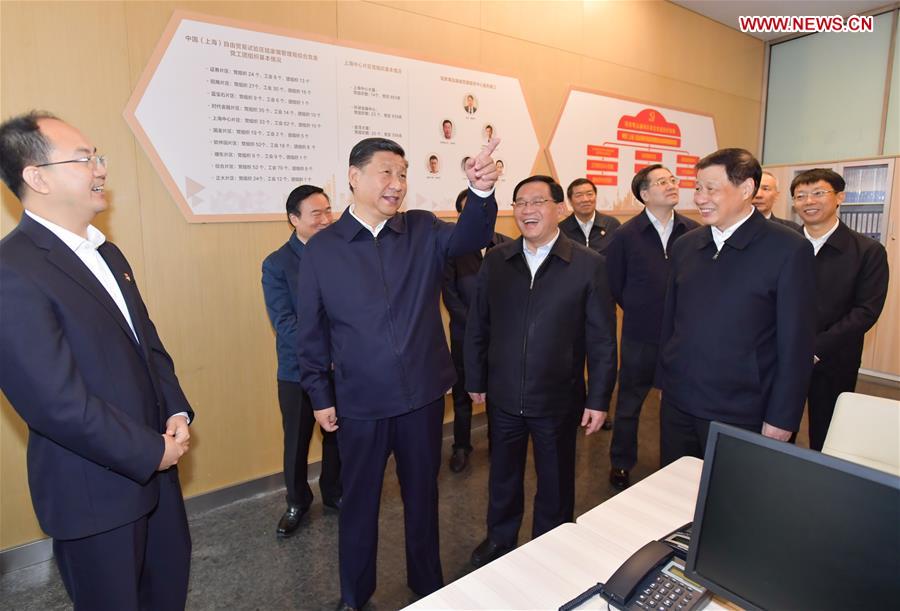 Xi Jinping (2nd L), general secretary of the Communist Party of China (CPC) Central Committee, Chinese president and chairman of the Central Military Commission, inspects the Lujiazui Financial City CPC construction service center in the Shanghai Tower to learn the CPC construction work of the skyscrapers in Pudong New District of Shanghai, east China, Nov. 6, 2018. Xi Jinping inspected Shanghai on Tuesday. (Xinhua/Li Tao)