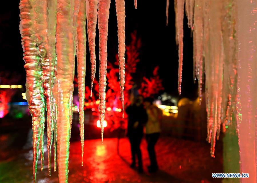 Scenery of frozen waterfall in Mimishui scenic spot in China's Hebei