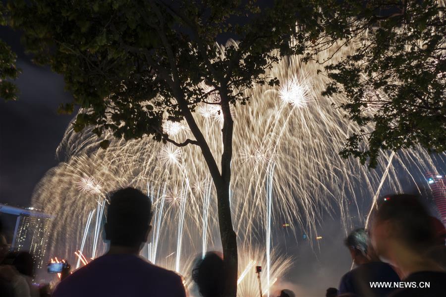 People crowd around the Marina Bay to view the last fireworks performance by a Chinese team for the Lunar New Year celebrations "River Hongbao" in Singapore, on Feb. 10, 2019. (Xinhua/Then Chih Wey)