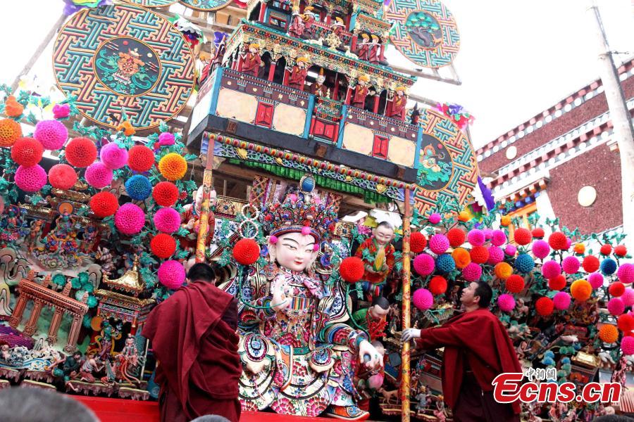 Butter sculptures of Buddha figurines exhibited at Ta'er Monastery