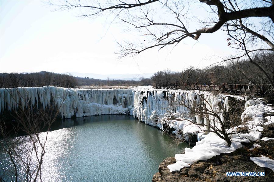 Scenery of frozen Diaoshuilou Waterfall in Heilongjiang, China