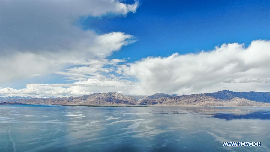 Aerial view of Banggong Co in Ngari Prefecture, China's Tibet