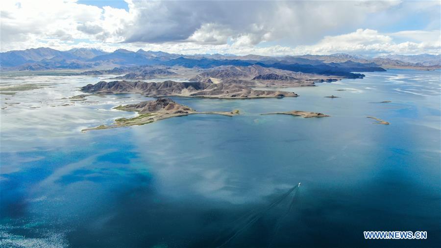 Aerial view of Banggong Co in Ngari Prefecture, China's Tibet