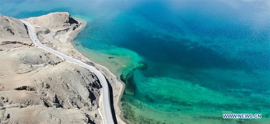 Aerial view of Banggong Co in Ngari Prefecture, China's Tibet