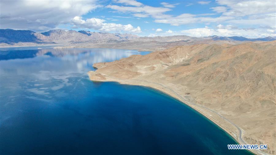 Aerial view of Banggong Co in Ngari Prefecture, China's Tibet