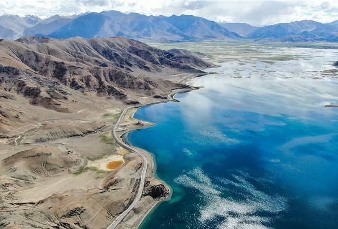 Aerial view of Banggong Co in Ngari Prefecture, China's Tibet