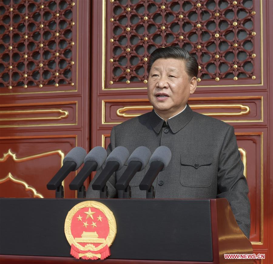 Chinese President Xi Jinping, also general secretary of the Communist Party of China (CPC) Central Committee and chairman of the Central Military Commission, delivers a speech at a grand rally to celebrate the 70th anniversary of the founding of the People''s Republic of China at the Tian''anmen Square in Beijing, capital of China, Oct. 1, 2019. (Xinhua/Li Xueren)