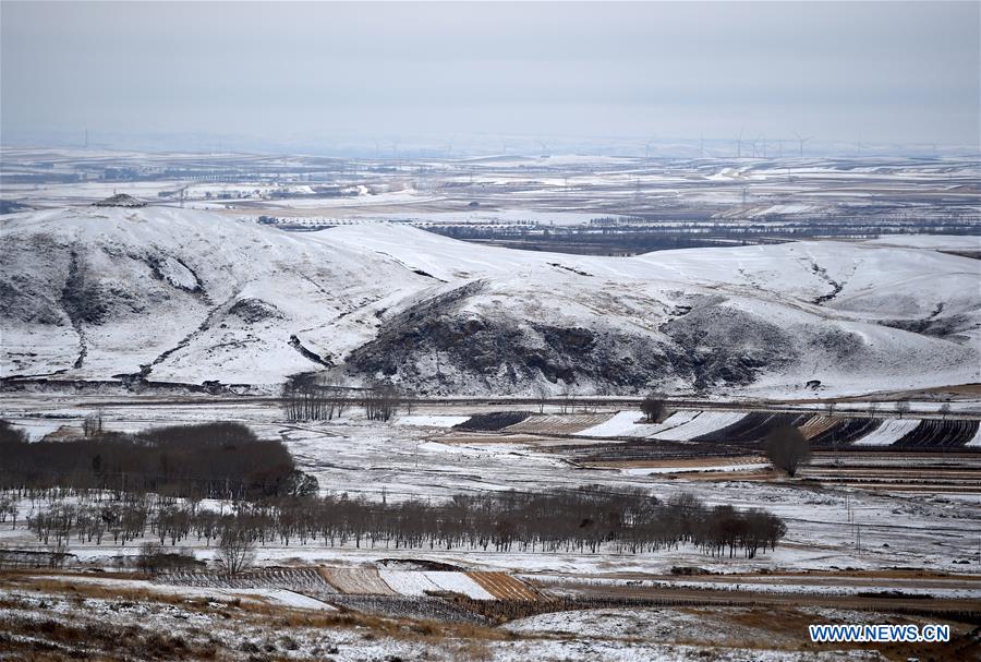 Scenery of snow-covered village houses and fields in China's Inner Mongolia