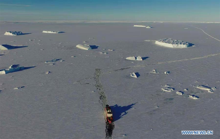 China's polar icebreaker Xuelong 2 breaks ice in waters in Antarctica