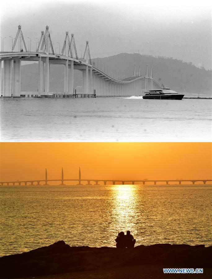 This combination photo shows a view of the Ponte de Amizade (Bridge of Friendship) in Macao, south China (top, photo by Tang Mengzong, archived on Dec. 31, 1995) and the Hong Kong-Zhuhai-Macao Bridge seen from Macao, south China on Oct. 22, 2018 (bottom, photo by Yin Bogu). On Dec. 20, Macao will celebrate the 20th anniversary of its return to motherland. Over the past two decades, the special administrative region has made great strides in economic development and achieved prosperity and stability under the "one country, two systems" principle. Since Dec. 20, 1999, the historic day for Macao, what has changed? And what remains unchanged? Our selection of photos present comparative illustrations of the south China city''s past and present. (Xinhua)