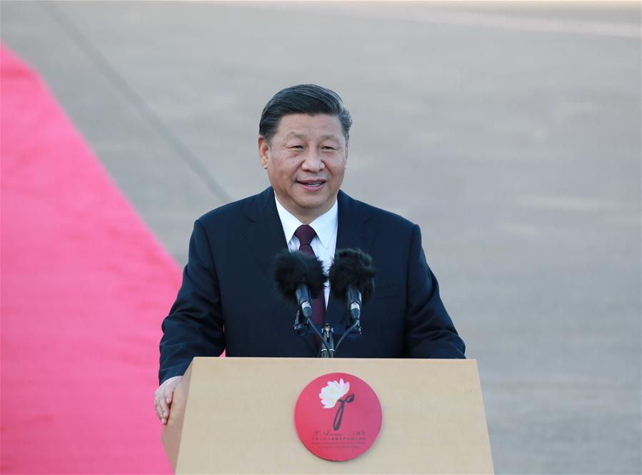 Chinese President Xi Jinping, also general secretary of the Communist Party of China Central Committee and chairman of the Central Military Commission, delivers an important speech after landing at Macao International Airport in Macao, south China, Dec. 18, 2019. The president is expected to attend a gathering celebrating the 20th anniversary of Macao''s return and the inauguration ceremony of the fifth-term government of the Macao Special Administrative Region (SAR) on Friday. He will also inspect the Macao SAR. (Xinhua/Pang Xinglei)